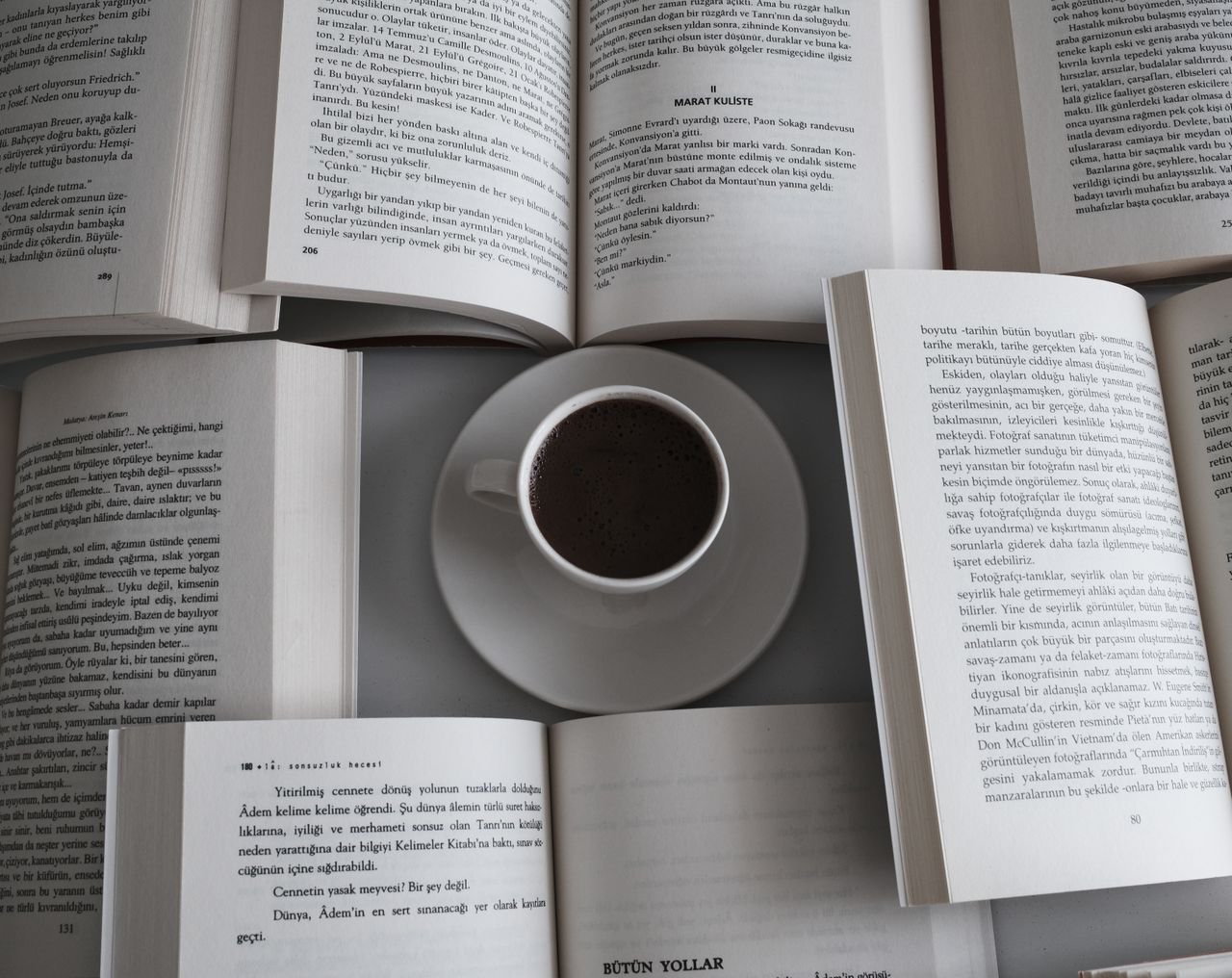 Services Relaxing setup with open books and a coffee cup, perfect for a serene reading session.
